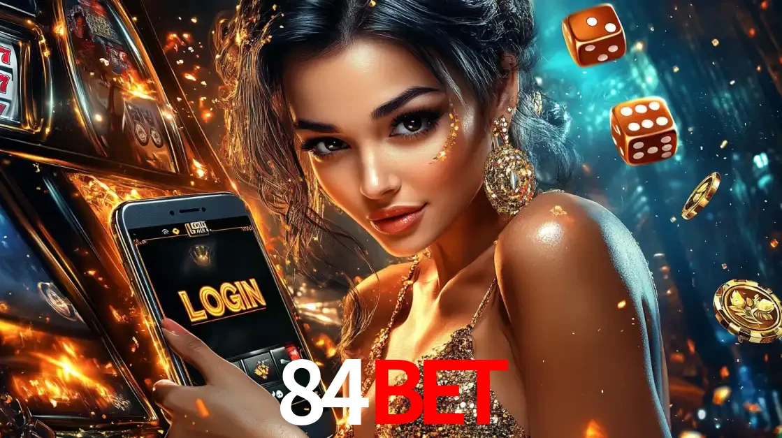 Mulher glamourosa segurando um celular com a tela de login do cassino 84bet, rodeada por dados e moedas douradas, pronta para começar a diversão.