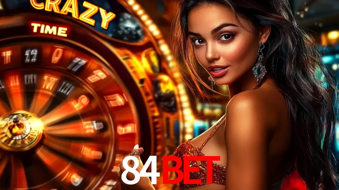 Mulher ao lado da roda de prêmios do jogo de cassino ao vivo Crazy Time, um dos shows de jogos mais emocionantes oferecidos pela plataforma de apostas 84bet.