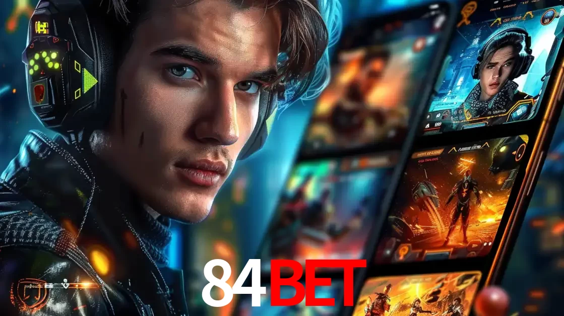 Jovem jogador com fones de ouvido olhando para a câmera, com um aplicativo de jogos e e-sports para celular ao fundo, pronto para a competição e apostas no 84bet.