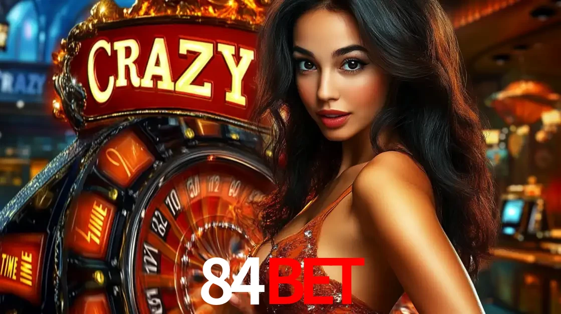 Mulher glamourosa olhando para a câmera com a roda vermelha do Crazy Time ao fundo em um ambiente de cassino, destacando a emoção dos jogos ao vivo no 84bet.