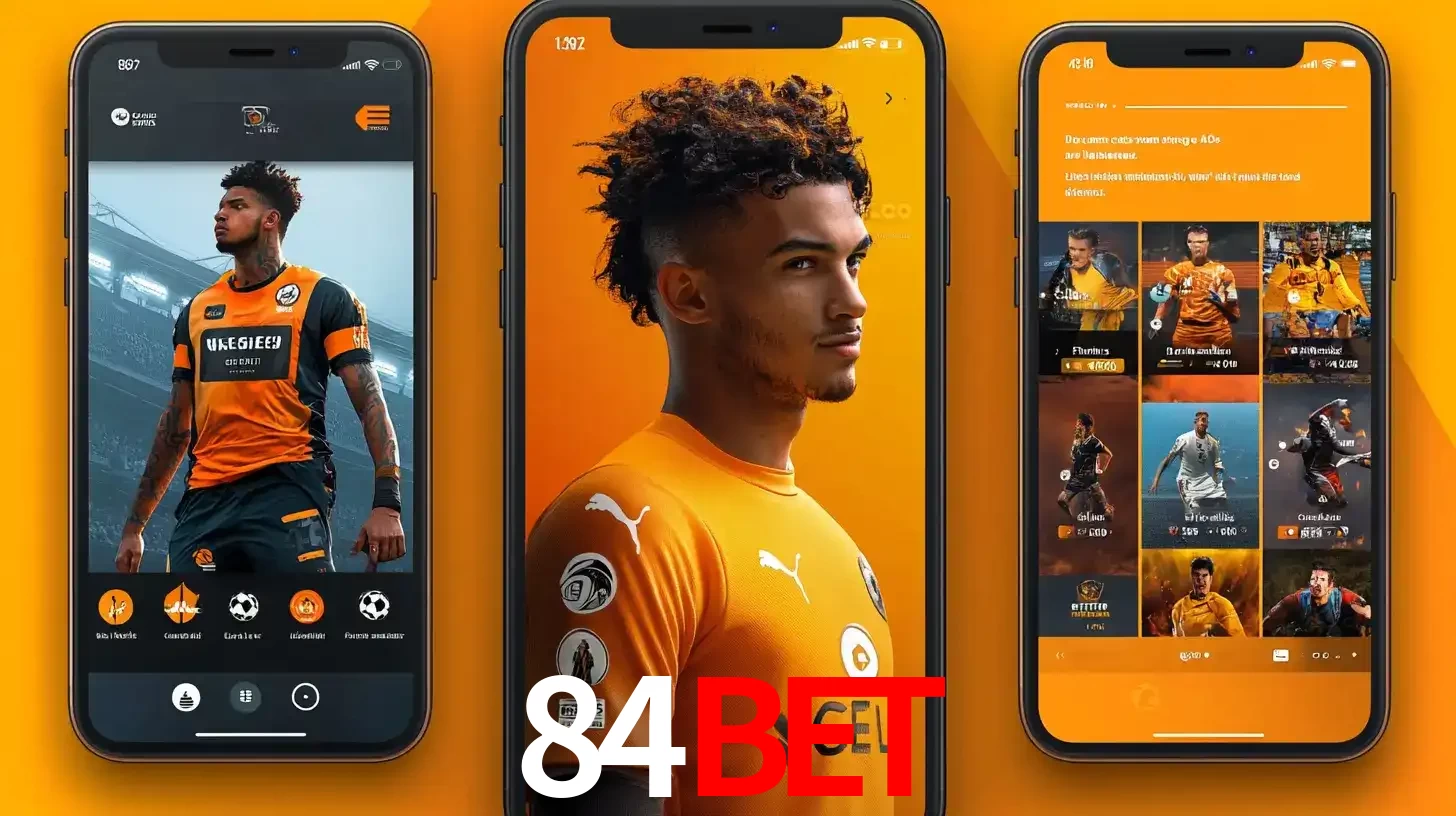 Interface do aplicativo de apostas esportivas 84bet em três telas de celular, mostrando o perfil de um jogador de futebol e a lista de jogos disponíveis para apostar.