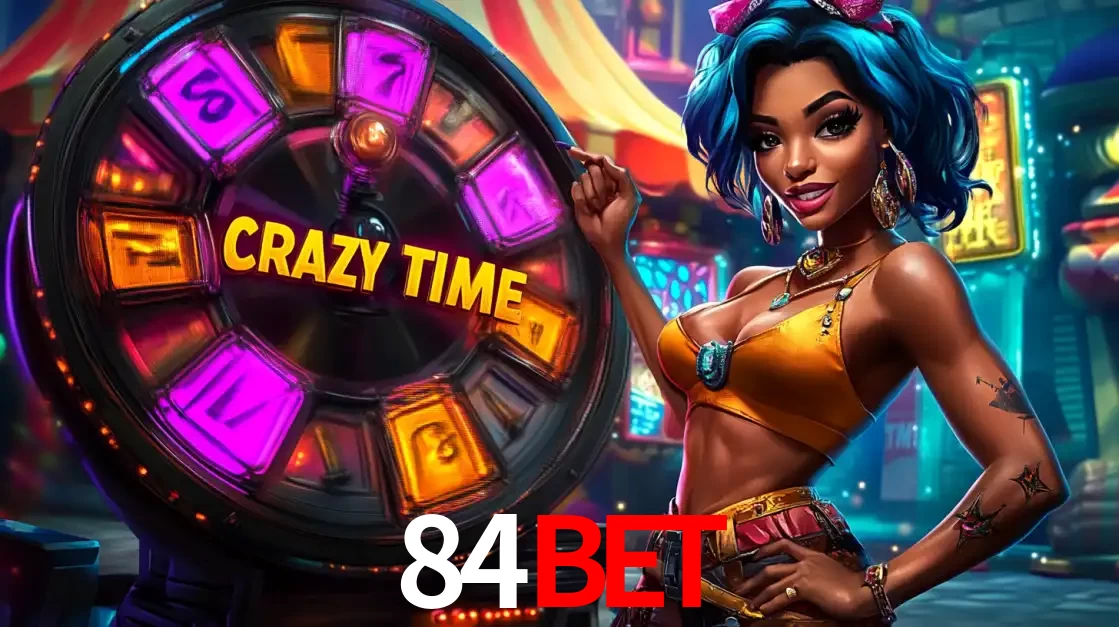 Mulher estilizada com cabelo azul e visual vibrante posando ao lado da roda de prêmios do game show Crazy Time, convidando para a diversão e os bônus do cassino 84bet.