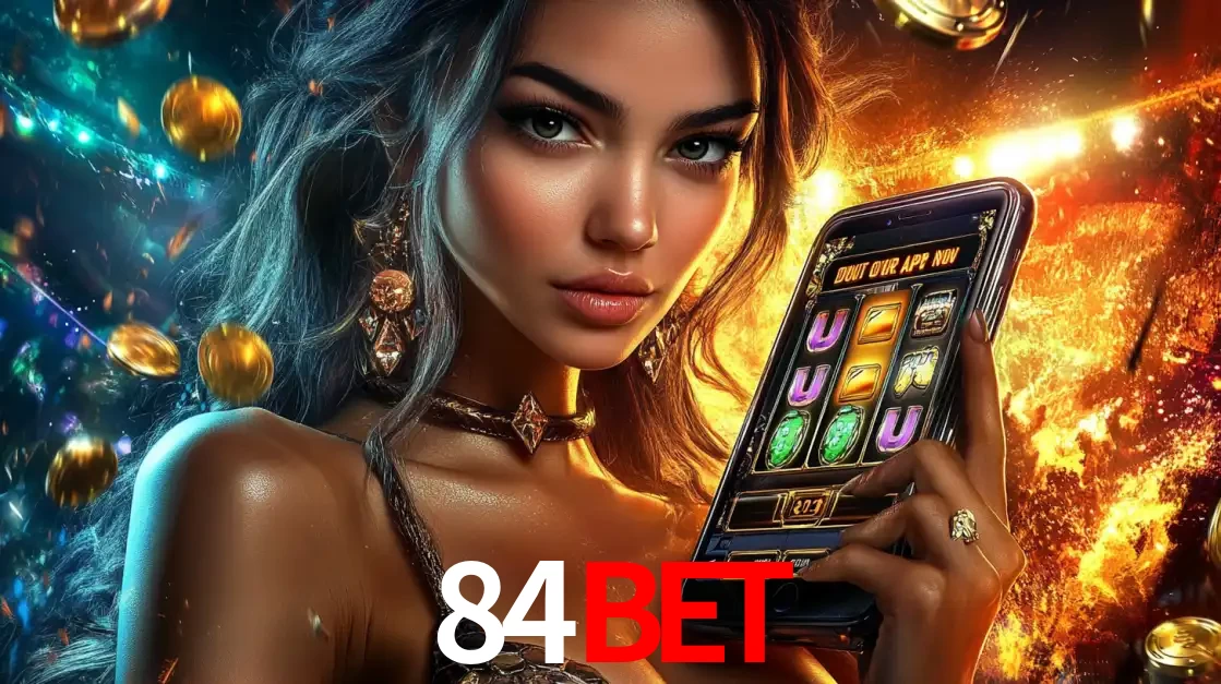 Mulher elegante mostrando um jogo de caça-níqueis em seu smartphone, destacando a experiência de cassino móvel oferecida pelo aplicativo 84bet.