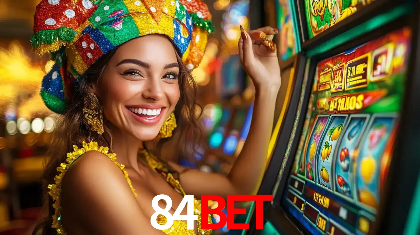 Mulher feliz com traje de carnaval amarelo e colorido ao lado de uma máquina de caça-níqueis, aproveitando a diversão e os jogos temáticos do cassino 84bet.