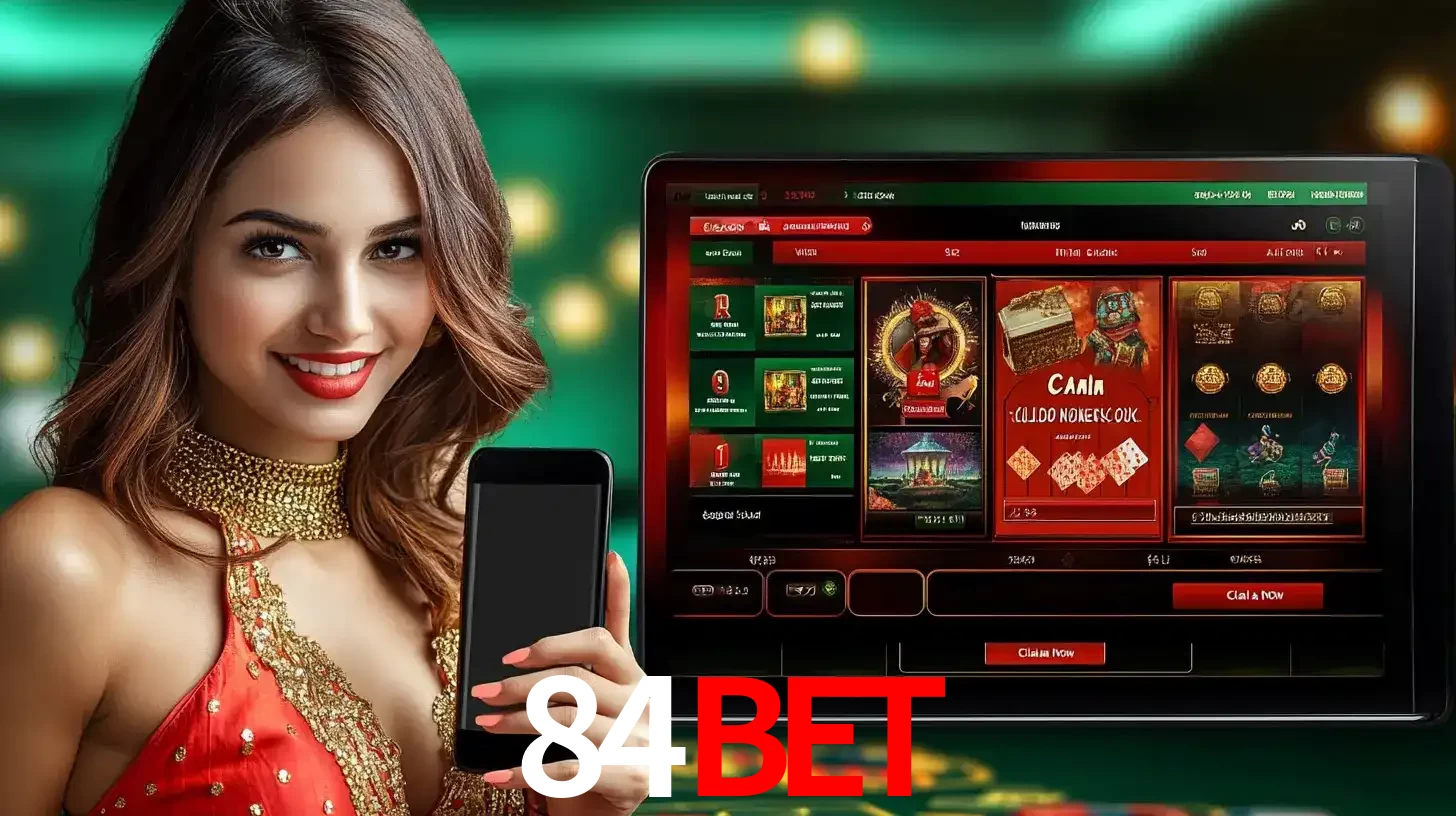 Mulher sorridente segurando um smartphone, ao lado de uma tela exibindo o lobby de jogos do cassino online 84bet, com várias opções de jogos de cartas e slots.